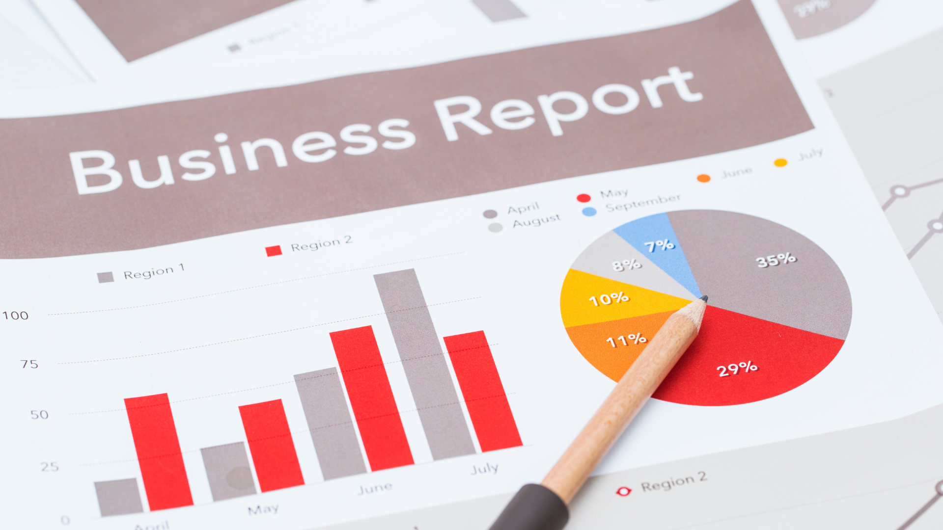 Business report with bar and pie charts used in an opportunity assessment